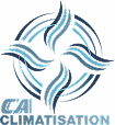Logo CAI CLIMATISATION: un motif abstrait bleu et gris de quatre formes ondulées tourbillonnantes, avec le texte "CAI CLIMATISATION" en dessous.