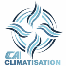 Logo dynamique bleu et turquoise de CAI CLIMATISATION, avec un motif tourbillonnant stylisé évoquant le flux d'air ou le climat.
