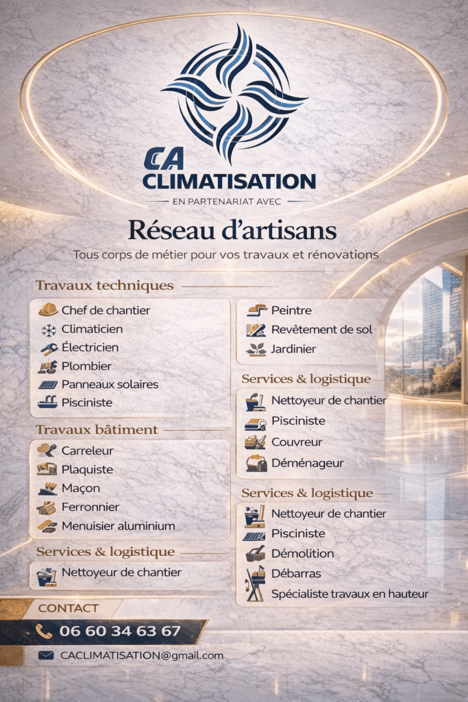 CA Climatisation : Réseau d'Artisans pour Travaux et Rénovation Affiche CA Climatisation : réseau d'artisans pour travaux et rénovation (clim, électricité, plomberie et maçonnerie).